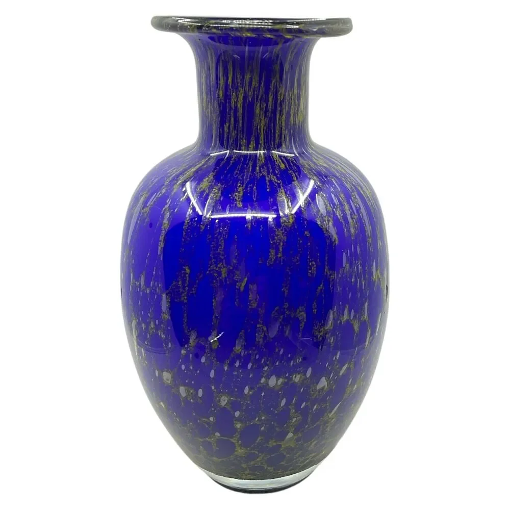 Murano Style Vase Cobalt Blue Gold Infused Art Glass 10 inch